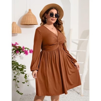 View 1 of (5XL) Coolmee Women's Plus Size Dress V Neck Long Sleeve Front Knotted Elastic Elegant Dress A Line Knee Length Midi Dress, Caramel
