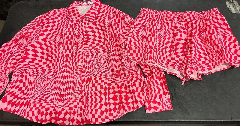 Photo 1 of (2XL) Women's 2 Piece sets Button Down Shirt Long Sleeve Short Drawstring Outfits Pink Print-Target
