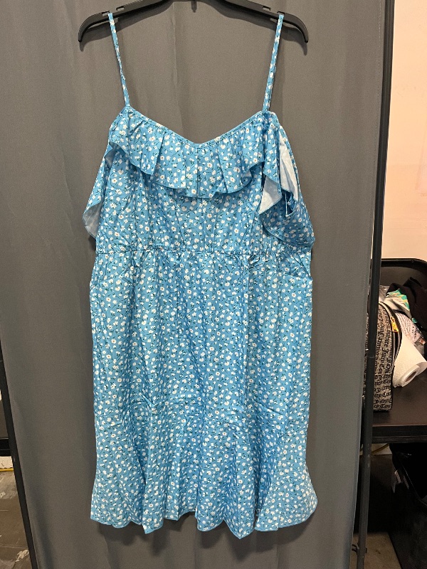 Photo 1 of (2XL) Womens Plus Size Spaghetti Strap Shoulder Dress with V Neck, Flower Pattern, Blue