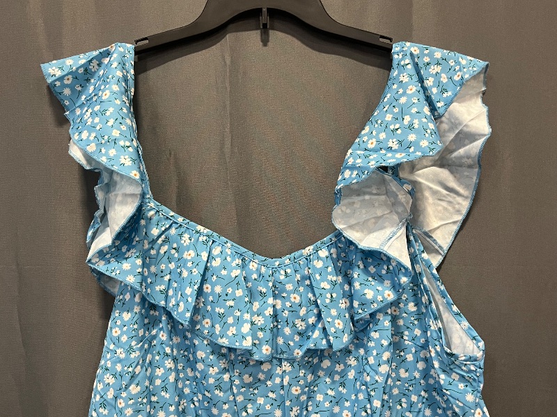 Photo 1 of (2XL) Womens Plus Size Spaghetti Strap Shoulder Dress with V Neck, Flower Pattern, Blue