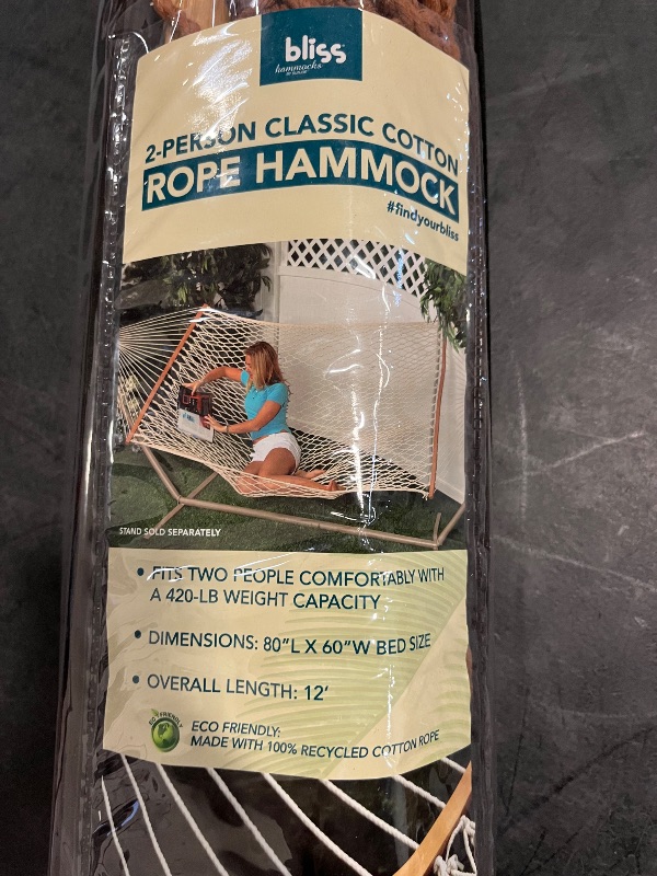 Photo 1 of Bliss Hammocks BH-410BR 60in Wide Cotton Rope Hammock, Indoor Outdoor Poolside Patio Backyard Hammock, Includes Chains & Hooks, Eco Friendly Polyester, Hardwood Spreader, 450lb Capacity, Brown