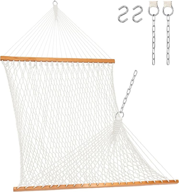 View 1 of Bliss Hammocks BH-410GR 60in Wide Cotton Rope Hammock, Indoor Outdoor Poolside Patio Backyard Hammock, Includes Chains & Hooks, Eco Friendly Polyester, Hardwood Spreader, 450 Pound Capacity, White