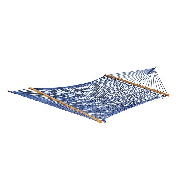 Photo 1 of Bliss Hammocks BH-410GR 60in Wide Cotton Rope Hammock, Indoor Outdoor Poolside Patio Backyard Hammock, Includes Chains & Hooks, Eco Friendly Polyester, Hardwood Spreader, 450 Pound Capacity, Blue