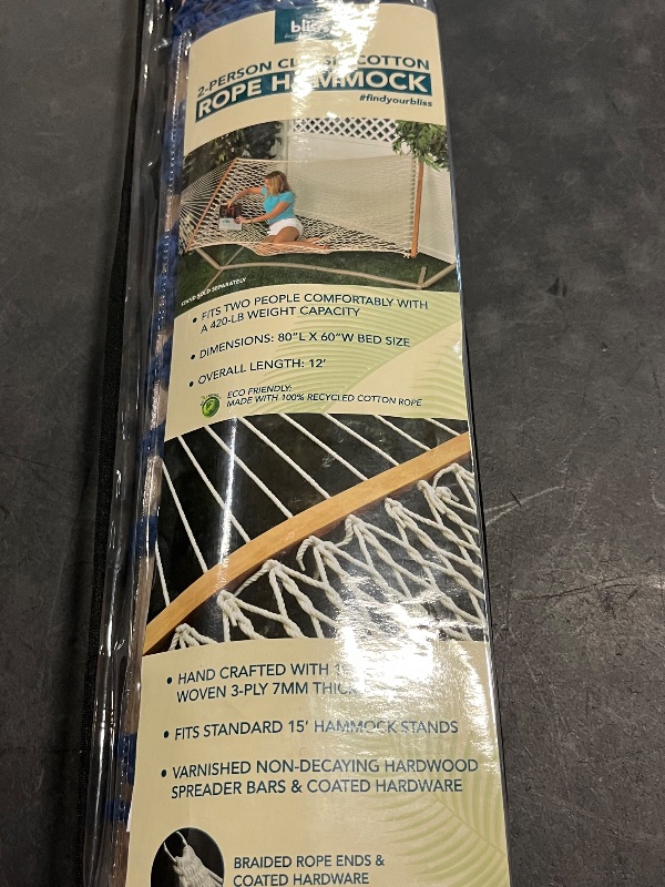 Photo 1 of Bliss Hammocks BH-410GR 60in Wide Cotton Rope Hammock, Indoor Outdoor Poolside Patio Backyard Hammock, Includes Chains & Hooks, Eco Friendly Polyester, Hardwood Spreader, 450 Pound Capacity, Blue