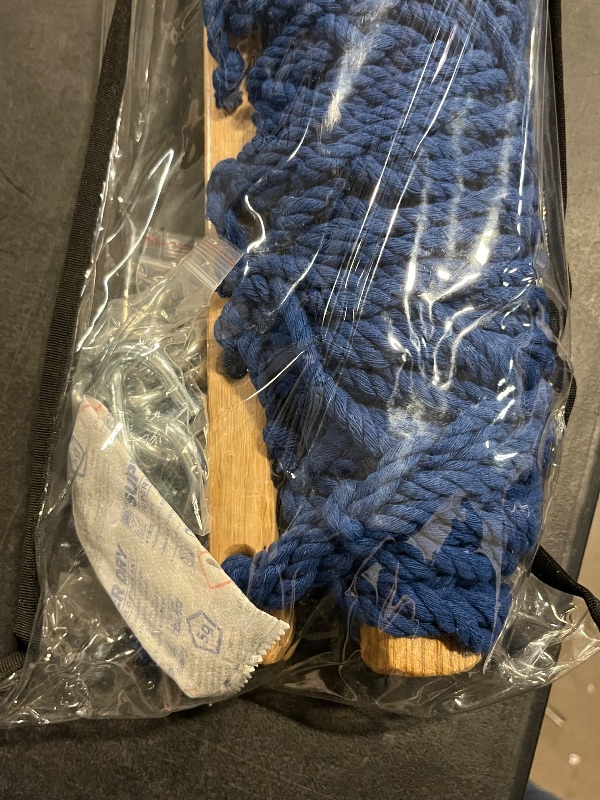 Photo 1 of Bliss Hammocks BH-410GR 60in Wide Cotton Rope Hammock, Indoor Outdoor Poolside Patio Backyard Hammock, Includes Chains & Hooks, Eco Friendly Polyester, Hardwood Spreader, 450 Pound Capacity, Blue