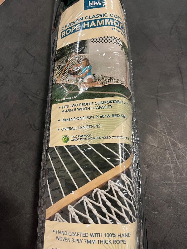 Photo 1 of Bliss Hammocks BH-410GR 60in Wide Cotton Rope Hammock, Indoor Outdoor Poolside Patio Backyard Hammock, Includes Chains & Hooks, Eco Friendly Polyester, Hardwood Spreader, 450 Pound Capacity, Green