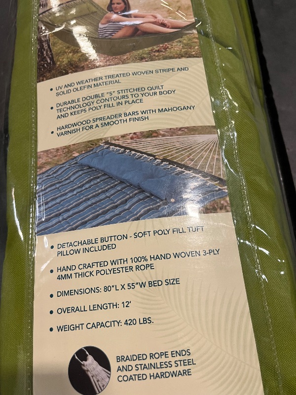 Photo 1 of Reversible 2-Person Quilted Hammock w/ Spreader Bars, Pillow & Hanging Hardware | 55-in. Wide | 420 Lb. Capacity
