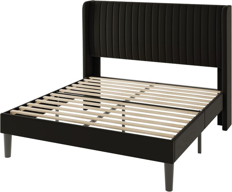 Photo 1 of Allewie Full Size Velvet Bed Frame/Vertical Channel Tufted Wingback Headboard/Upholstered Platform Bed/Strong Wooden Slats/No Box Spring Needed/Easy Assembly/Black
