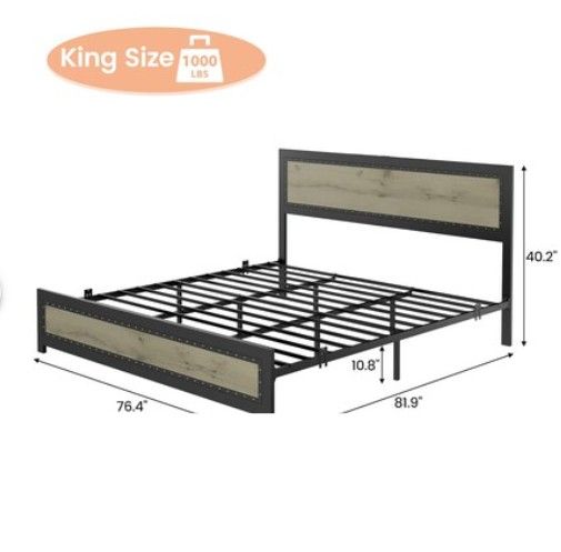 Photo 1 of Qeetex King Size Bed Frame with Headboard Industrial Platform Bed Frame with Charge Station No Box Spring Needed Easy to Assemble Wooden Mattress Foundation Wash Grey