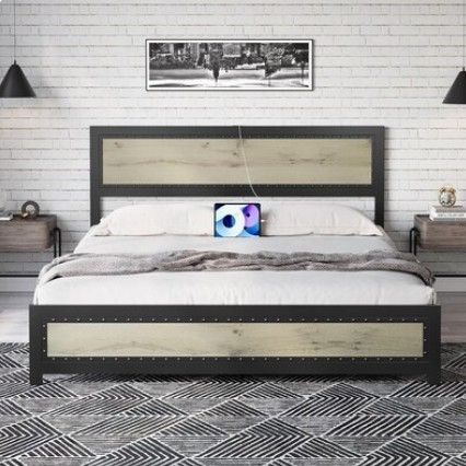Photo 1 of Qeetex King Size Bed Frame with Headboard Industrial Platform Bed Frame with Charge Station No Box Spring Needed Easy to Assemble Wooden Mattress Foundation Wash Grey
