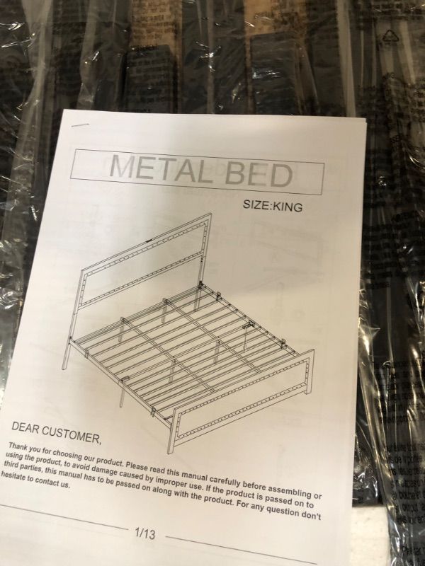 Photo 1 of Qeetex King Size Bed Frame with Headboard Industrial Platform Bed Frame with Charge Station No Box Spring Needed Easy to Assemble Wooden Mattress Foundation Wash Grey
