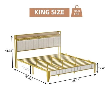 Photo 1 of King Size Modern Platform Bed Frame with Charging Station, LED Lights, Metal Frame, Storage Headboard, White & Gold, No Box Spring Needed, Easy Assembly