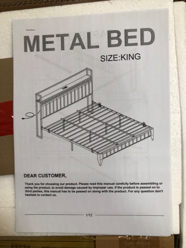 Photo 1 of King Size Modern Platform Bed Frame with Charging Station, LED Lights, Metal Frame, Storage Headboard, White & Gold, No Box Spring Needed, Easy Assembly