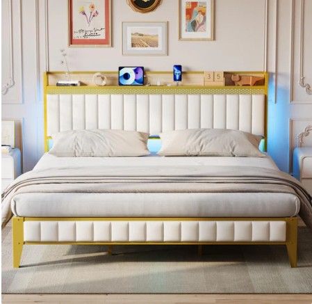 Photo 1 of King Size Modern Platform Bed Frame with Charging Station, LED Lights, Metal Frame, Storage Headboard, White & Gold, No Box Spring Needed, Easy Assembly