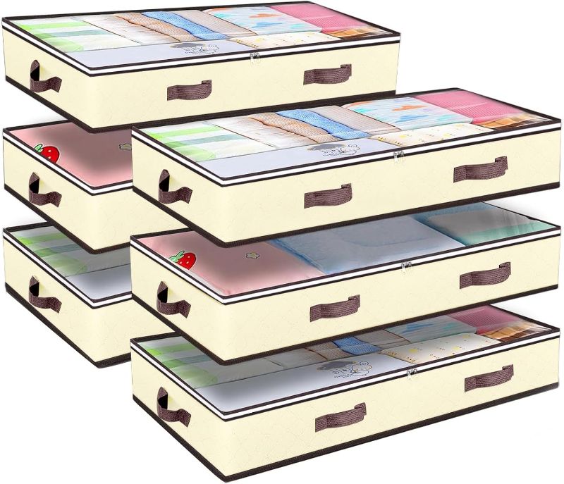 Photo 1 of Budding Joy 6 Pack 90L Under bed Storage Containers Organizer Large Capacity Underbed Clothes Storage Bins Organization and Storage Bedroom Foldable Storage Bags with Clear Window Beige