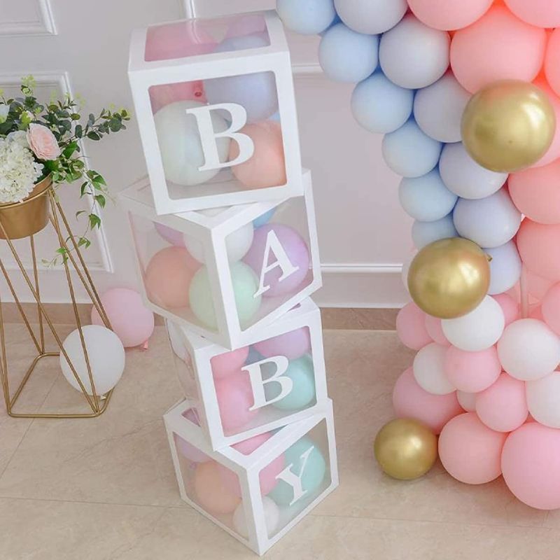 Photo 1 of Baby Shower Boxes Party Decorations – 4 pcs Transparent Balloons Boxes Décor with Letters Baby Blocks Design for Baby Shower Gender Reveal Backdrop