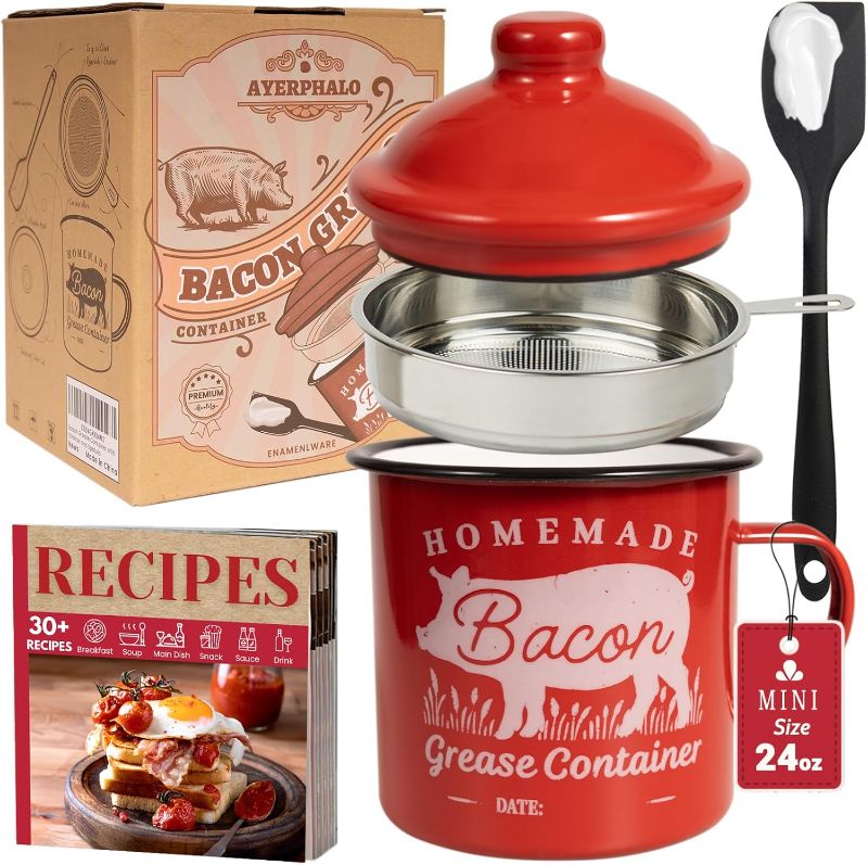 Photo 1 of Bacon Grease Container with Strainer - With Food-Grade Silicone Spatula, 24oz Enamel Rustic Farmhouse Fat Container, Keeper, Recipes, Dishwasher Safe