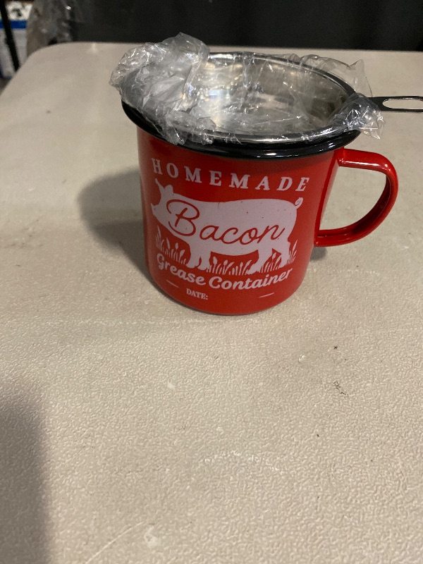 Photo 1 of Bacon Grease Container with Strainer - With Food-Grade Silicone Spatula, 24oz Enamel Rustic Farmhouse Fat Container, Keeper, Recipes, Dishwasher Safe