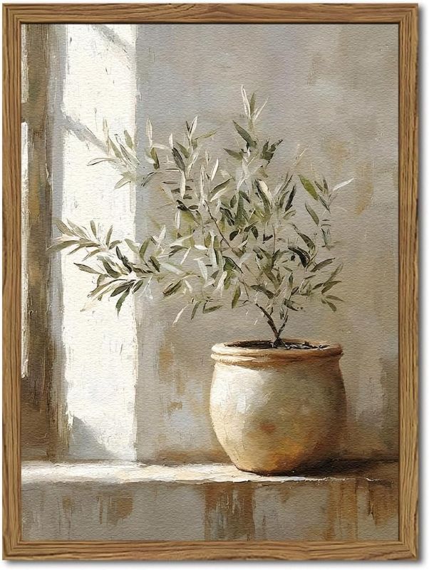 Photo 1 of Framed Vintage Olive Tree Wall Art, 3D Textured Sandstone Botanical Pictures Wall Decor, Rustic Neutral Potted Plant Paintings Prints Aesthetic Farmhouse Home Decor for Living Room Bedroom 16x24 inch