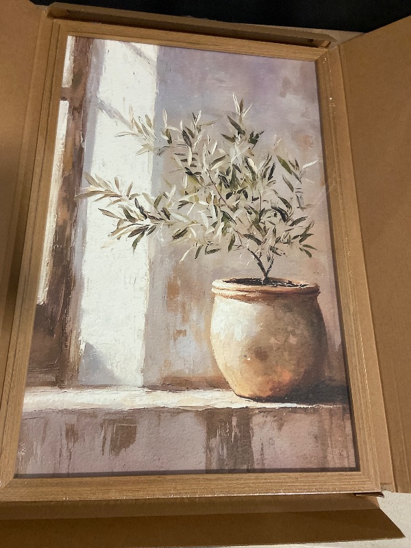 Photo 1 of Framed Vintage Olive Tree Wall Art, 3D Textured Sandstone Botanical Pictures Wall Decor, Rustic Neutral Potted Plant Paintings Prints Aesthetic Farmhouse Home Decor for Living Room Bedroom 16x24 inch