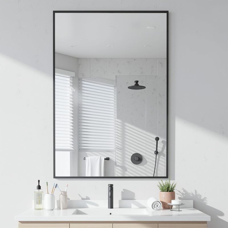 Photo 1 of Antok 22x30 Black Metal Framed Bathroom Mirror, Square Edge Rectangular Wall Mirror, Vanity Mirror for Over Sink, Anti-Rust Tempered Glass, Horizontal/Vertical Hanging, Modern Farmhouse Decor
