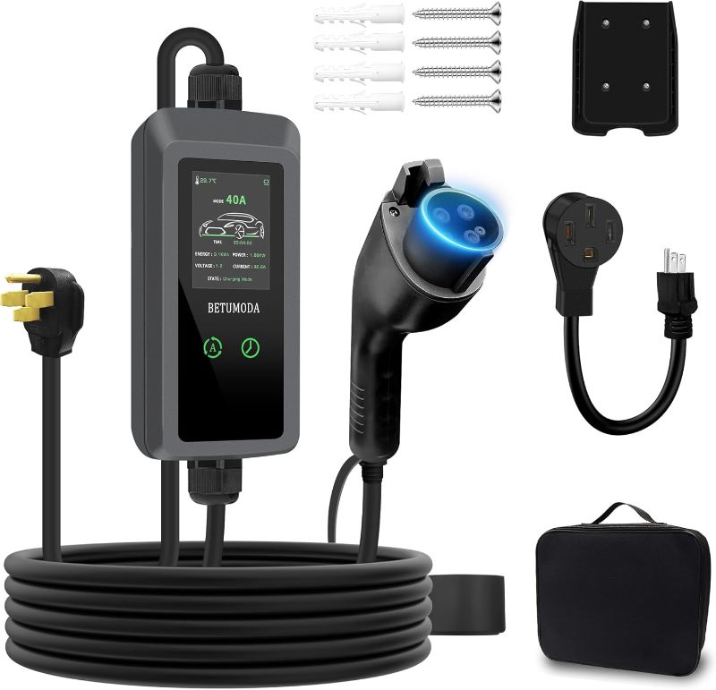 Photo 1 of Level 2 EV Charger, 40A, 110V-240V, Portable Charger for Home/Outdoor,NEMA14-50 Plug and NEMA 5-15 Adapter 25ft, Delay Timer, Compatible with All J1772 Electric Cars/PHEV (Tesla Need Adapter)
