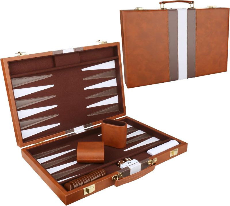 Photo 1 of Backgammon Set - Classic Board Game with Premium Leather Case - Portable Travel Strategy Backgammon Game Set for Adults, Kids (18inch, Brown)
