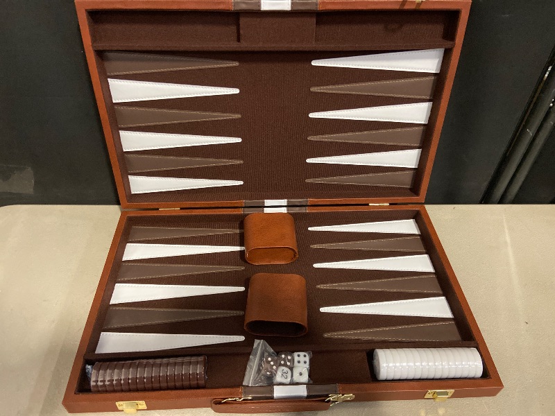 Photo 1 of Backgammon Set - Classic Board Game with Premium Leather Case - Portable Travel Strategy Backgammon Game Set for Adults, Kids (18inch, Brown)
