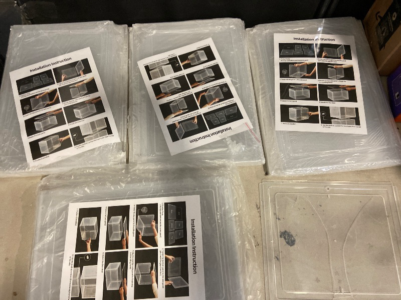 Photo 1 of Boot Storage Organizer Tall Boot Shoe Storage Box for Closet 4 Pack Super Large Plastic Boots Container for Storage, Stackable Display Case for Collectibles, Backpack, Helmet, White, XXXXL