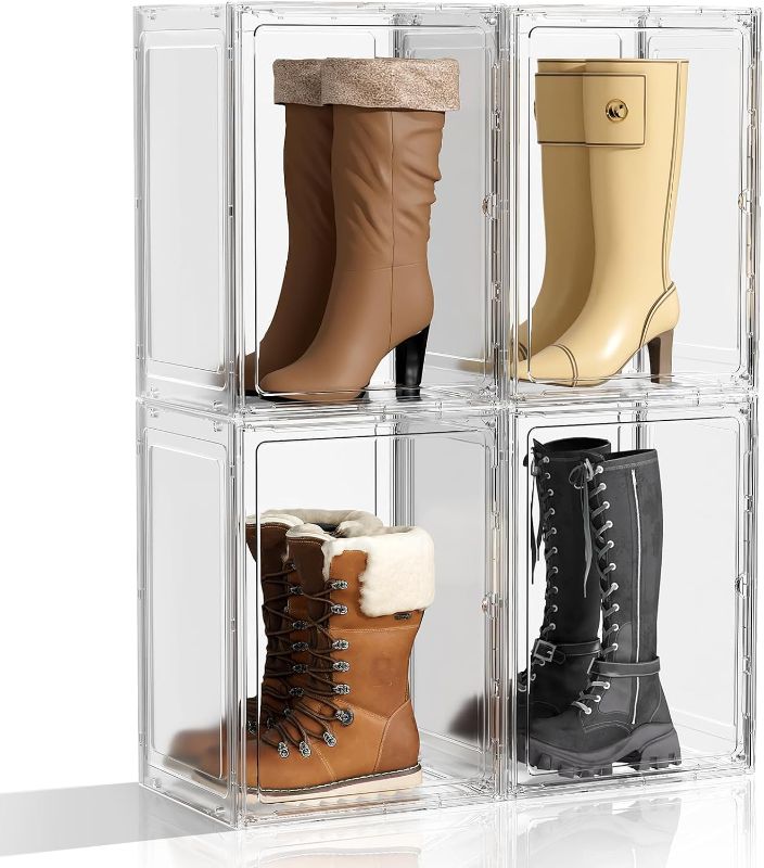 Photo 1 of Boot Storage Organizer Tall Boot Shoe Storage Box for Closet 4 Pack Super Large Plastic Boots Container for Storage, Stackable Display Case for Collectibles, Backpack, Helmet, White, XXXXL
