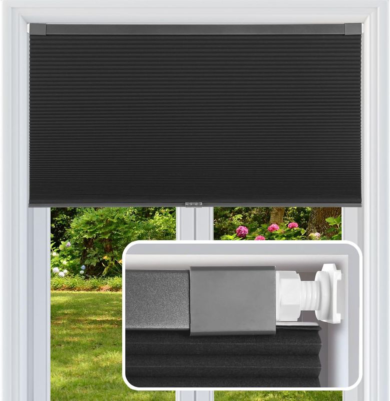 Photo 1 of Cordless Cellular Shades, No Drill No Tools Honeycomb Window Blinds, Blackout Light Blocking Cellular Shades for Window, Thermal Insulation Blinds, Easy to Install, Black 28" W x 48" H
