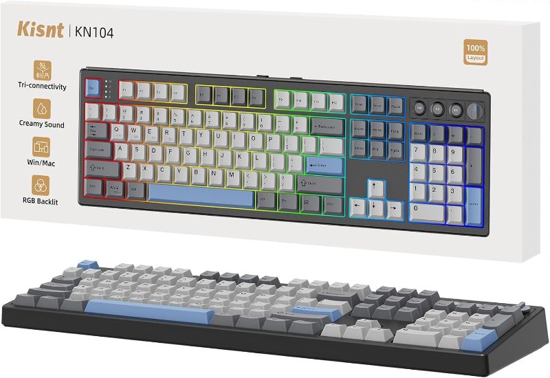 Photo 1 of KN104 Wireless Mechanical Gaming Keyboard, 100% Full Size 104 Keys with Number Pad, Custom RGB Backlit, Creamy Sound, Hot Swappable, Bluetooth/2.4GHz/USB-C for Win/Mac/PC (Carbon Black)
