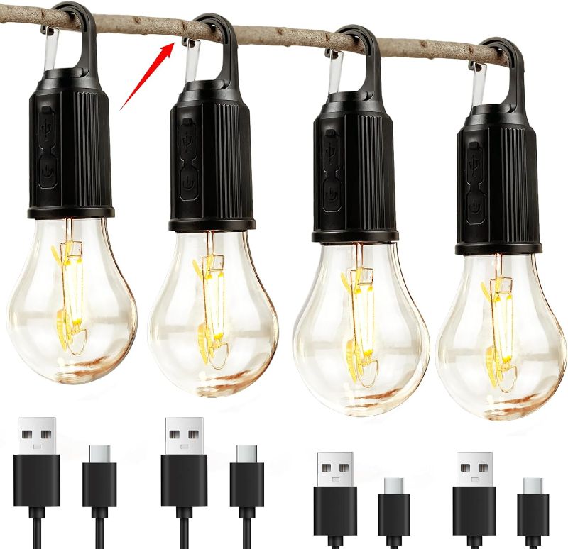 Photo 1 of 4 Pack Camping Lights Rechargeable, Hanging Tent Lights Bulb with Hook, Timer Function, 3 Lighting Modes Tent Lamp for Camping, Hiking, Backpacking, Emergency Outage(Black)
