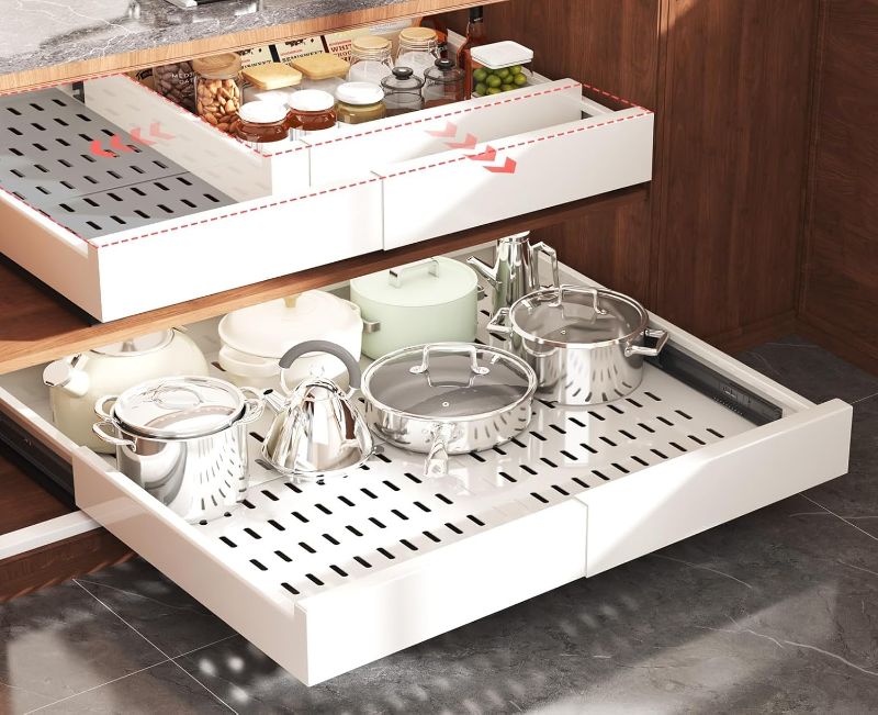 Photo 1 of 2 Pack Pull Out Cabinet Organizer Expandable Width(15"-25") and Depth(17"-24"),Slide Out Drawers With Raising Pad for Framed Cabinets,No Drill Roll Out Shelves for kitchen,Bathroom,White
