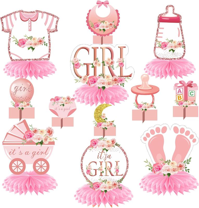 Photo 1 of 12Pcs Pink Rose Gold Baby Shower Decorations Honeycomb Centerpieces for Girls, Floral It's a Girl Gender Reveal Table Centerpiece Party Supplies, Baby Girl Pregnancy Announcement Table Topper