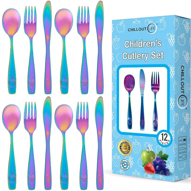 Photo 1 of 12 Piece Stainless Steel Kids Silverware Set - Child and Toddler Safe Flatware - Kids Utensil Set - Metal Kids Cutlery Set Includes 4 Small Kids Spoons, 4 Forks & 4 Knives - UV Rainbow