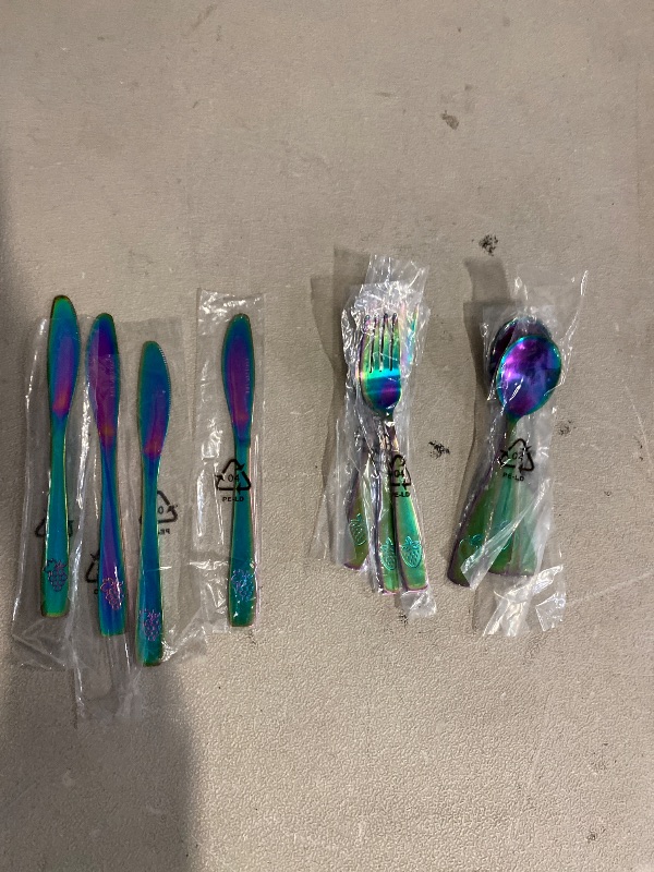 Photo 1 of 12 Piece Stainless Steel Kids Silverware Set - Child and Toddler Safe Flatware - Kids Utensil Set - Metal Kids Cutlery Set Includes 4 Small Kids Spoons, 4 Forks & 4 Knives - UV Rainbow