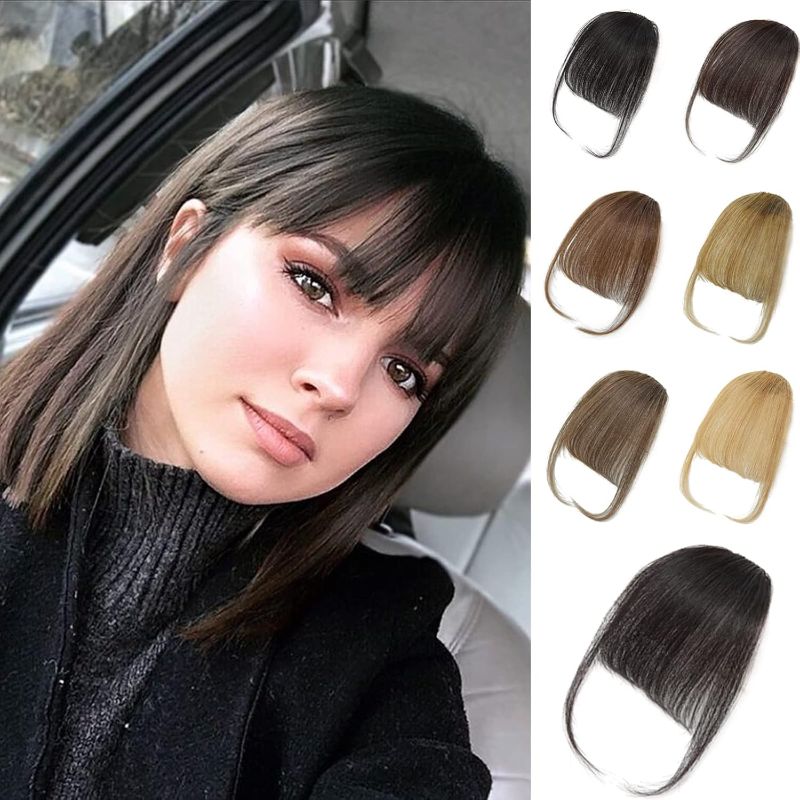 Photo 1 of 100% Human Hair Brown Black Clip in Bangs,Women Air Thinning Curtain Flat Natural Curved Wispy Faux fake Bangs