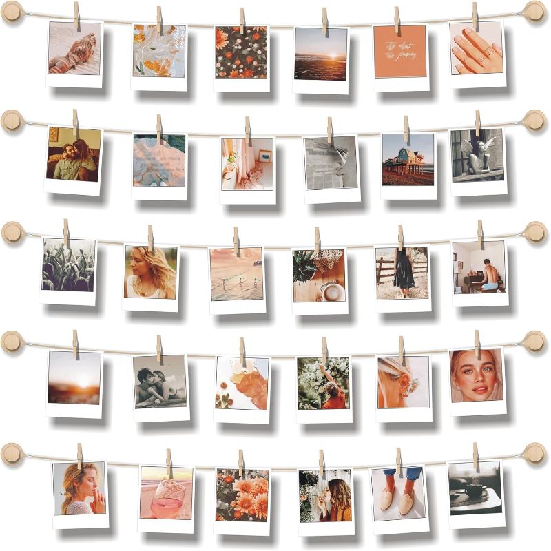 Photo 1 of Hanging Photo Display Room Wall Decor - Sculptural Picture Frames Collage - 5 Strings with 30 Clips - 3M Self Adhesive Hooks - No Holes Drilling - 30 x 30 inch
