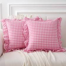 Photo 1 of 2 Pack Pink White Plaid Ruffle Gingham Throw Pillow Covers, 100% Washed Cotton Buffalo Checkered Farmhouse Pillow Shams - 20‘’x20''