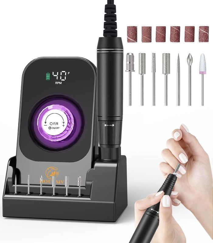 Photo 1 of Portable Nail Drill Electric File: 40000RPM Professional Nail E-File for Acrylic Nails Remove Nail Gel Polish Manicure, Rechargeable Cordless Nail Drill Machine with Bits & Base for Salon Home, Black