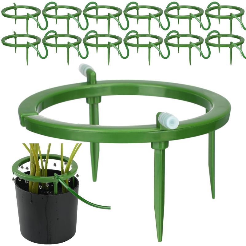 Photo 1 of 12 Set Water Ring 3 Leg Support Drip Emitter Drip Ring with 1/8 Inch Barbed Inlet Fitting Removable Stakes for Grow Media Irrigation System Rain Watering Tree Plants, Green (5 Inch)