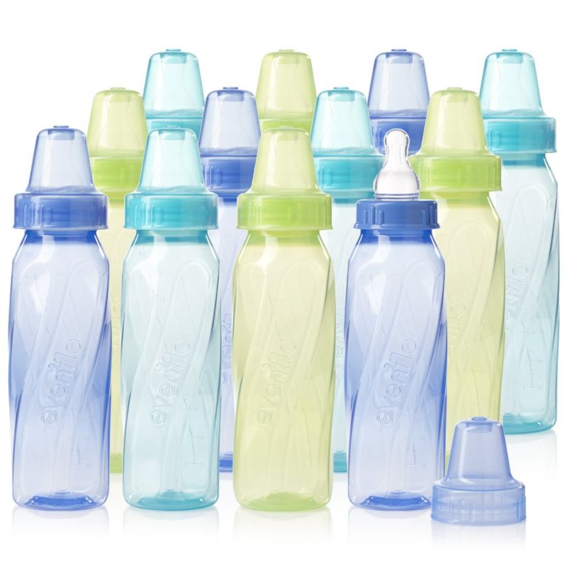 Photo 1 of Evenflo Feeding Classic Tinted Plastic Standard Neck Bottles for Baby, Infant and Newborn - Teal/Green/Blue, 8 Ounce (Pack of 12)