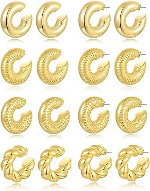 Photo 1 of 8 Pairs Chunky Ear Cuff Earrings Hollow Lightweight Hoop Earring Set Large Thick Minimalist Huggie Clip On Cartilage Wraps Jewelry Gift For Women Men Gold Silver Tone