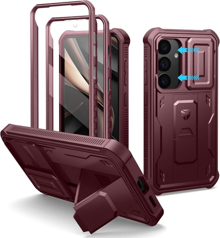 Photo 1 of Dexnor for Samsung Galaxy S25 Case with Built-in Slide Camera Cover & Screen Protector & Kickstand,Heavy-Duty Shockproof Rugged Case Full-Body Bumper Protective Cover for Galaxy S25(2025),Maroon Red