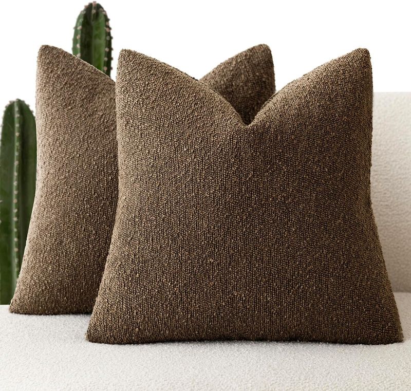 Photo 1 of Foindtower Pack of 2 Textured Boucle Throw Pillow Covers Accent Solid Pillow Cases Cozy Soft Decorative Couch Cushion Case for Chair Sofa Bedroom Living Room Home Decor 18x18 Inch Chocolate