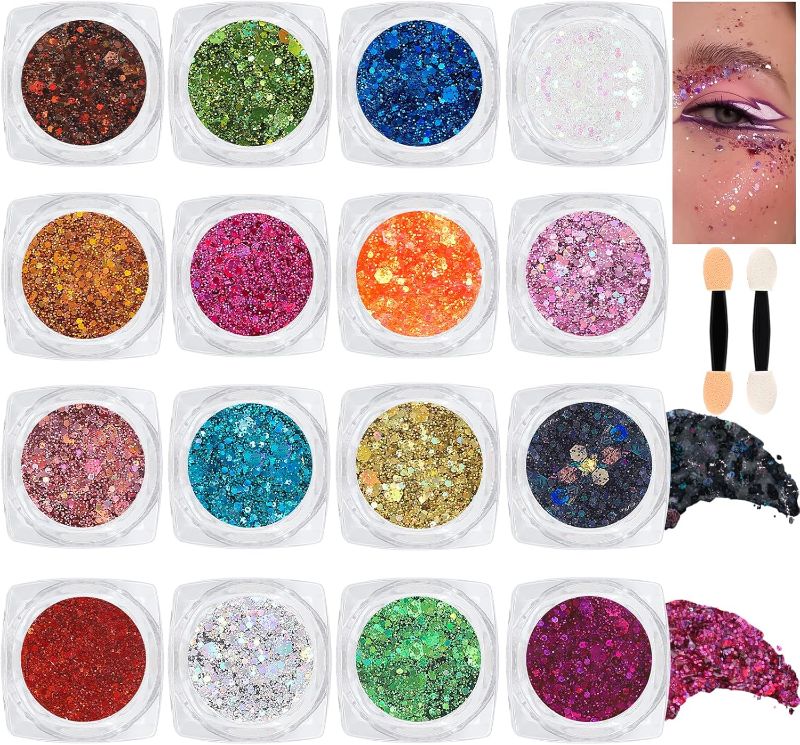 Photo 1 of 16 Colors Chunky Fine Mixed Holographic Glitter Gel Set for Face and Body Makeup Festival Party Sparkle Glitter Gel Decoration Rave Accessories