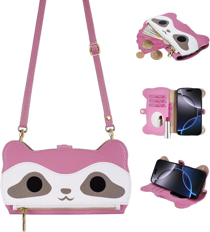Photo 1 of Crossbody Wallet Case for iPhone 7 Plus/8 Plus Leather Flip Cases with Card Holder&Hidden Mirror&Shoulder Strap Zipper Magnetic Kickstand Shockproof Raccoon's Cover for Women(Pink)