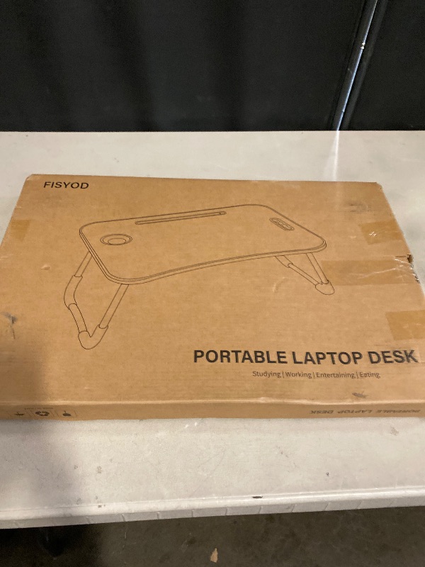 Photo 1 of Foldable Laptop Table, Portable Lap Desk Bed Table Tray, Laptop Stand with Cup Holder & Tablet Slot & Lifting Handle for Working Writing Drawing & Eating (Black)