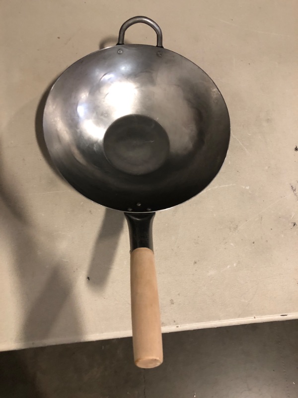 Photo 1 of Craft Wok Traditional Hand Hammered Carbon Steel Pow Wok with Wooden and Steel Helper Handle (14 Inch, Round Bottom) / 731W88